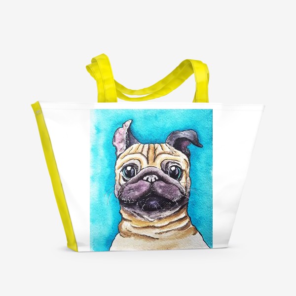 Пляжная сумка «Собака мопс на синем фоне»