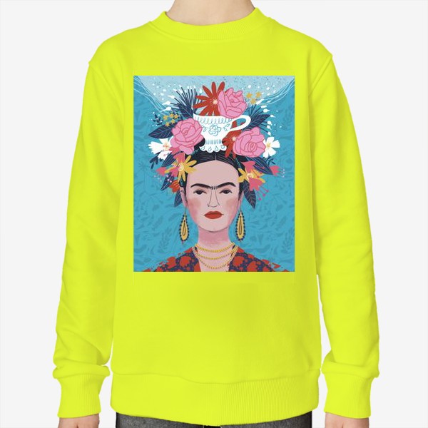 Свитшот «Портрет Фриды Кало с большим букетом на голове на сиреневом и голубом фоне»
