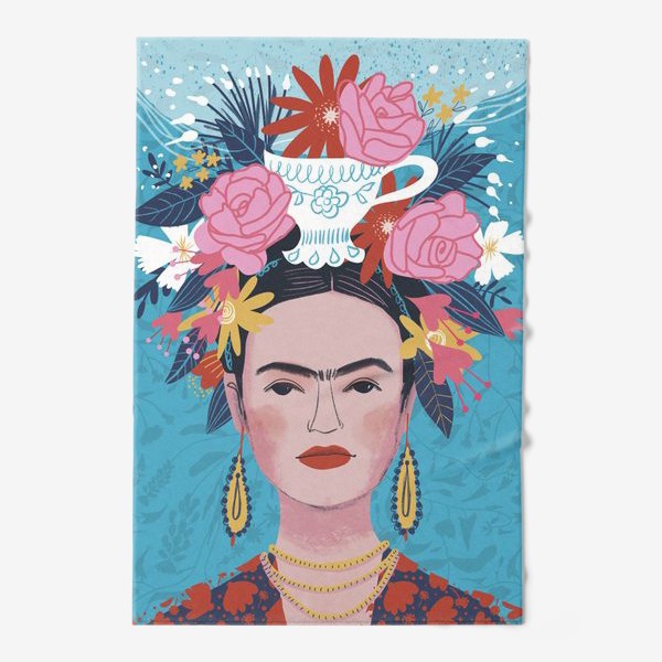 Полотенце «Портрет Фриды Кало с большим букетом на голове на сиреневом и голубом фоне»