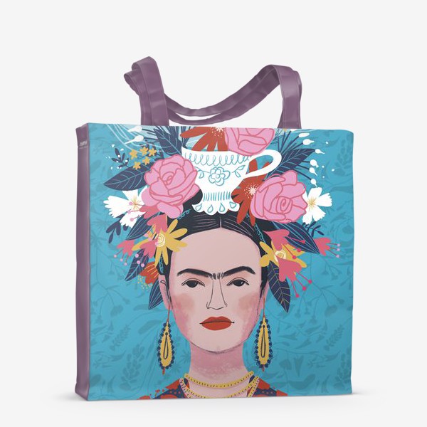 Сумка-шоппер «Портрет Фриды Кало с большим букетом на голове на сиреневом и голубом фоне»