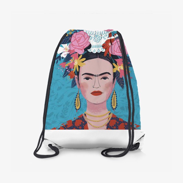 Рюкзак «Портрет Фриды Кало с большим букетом на голове на сиреневом и голубом фоне»
