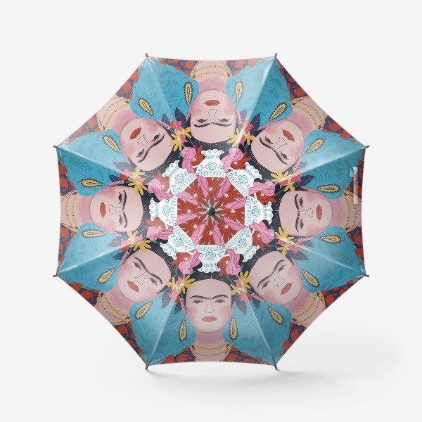 Зонт «Портрет Фриды Кало с большим букетом на голове на сиреневом и голубом фоне»