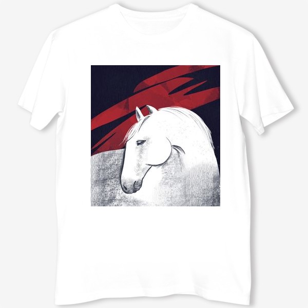 Футболка &laquo;Белая лошадь на черном и красном фоне.  Текстуры и абстракция.&raquo;