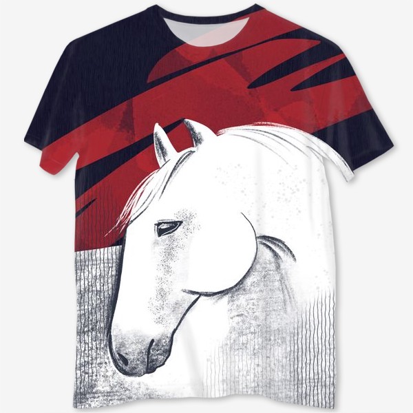 Футболка с полной запечаткой «Белая лошадь на черном и красном фоне.  Текстуры и абстракция.»