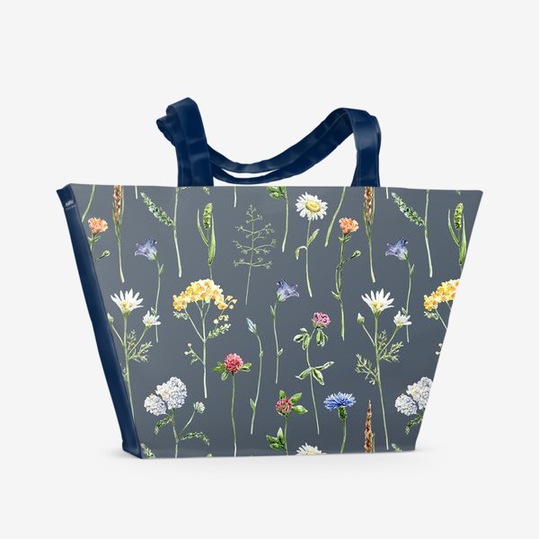 Пляжная сумка «Полевые цветы на темном фоне, Луговые цветы»