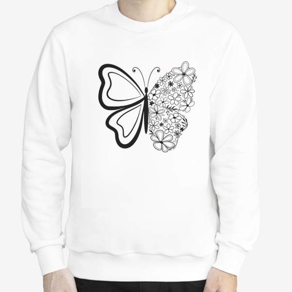 Свитшот «Бабочка с цветами, графика черный монохром»