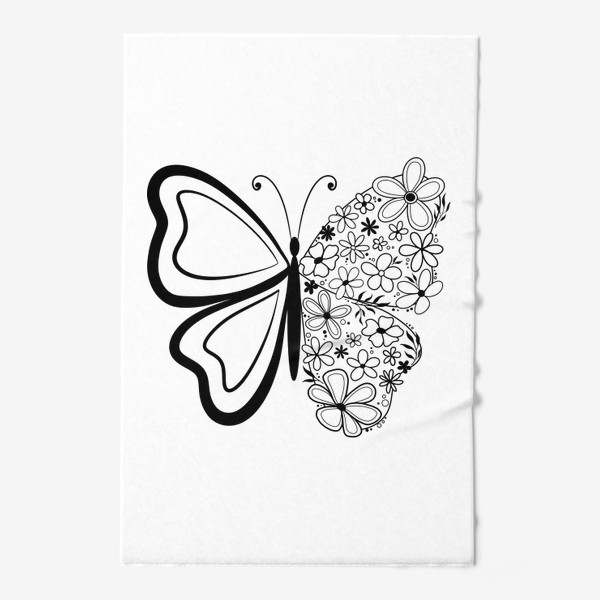 Полотенце «Бабочка с цветами, графика черный монохром»
