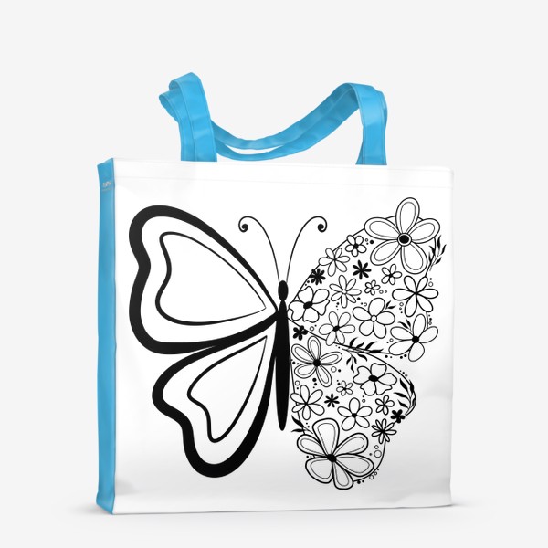 Сумка-шоппер «Бабочка с цветами, графика черный монохром»