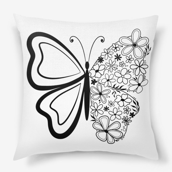 Подушка «Бабочка с цветами, графика черный монохром»
