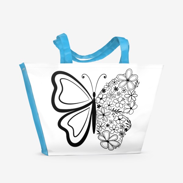 Пляжная сумка «Бабочка с цветами, графика черный монохром»