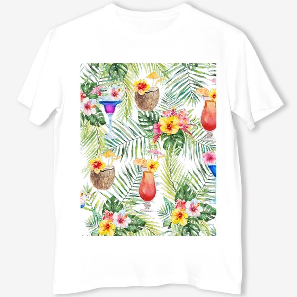 Футболка &laquo;Тропический принт коктейли и пальмовые листья&raquo;