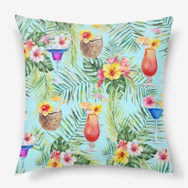Подушка «Тропический принт пальмовые листья и коктейль»