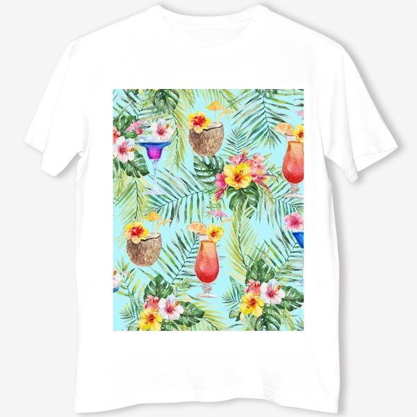 Футболка «Тропический принт пальмовые листья и коктейль»