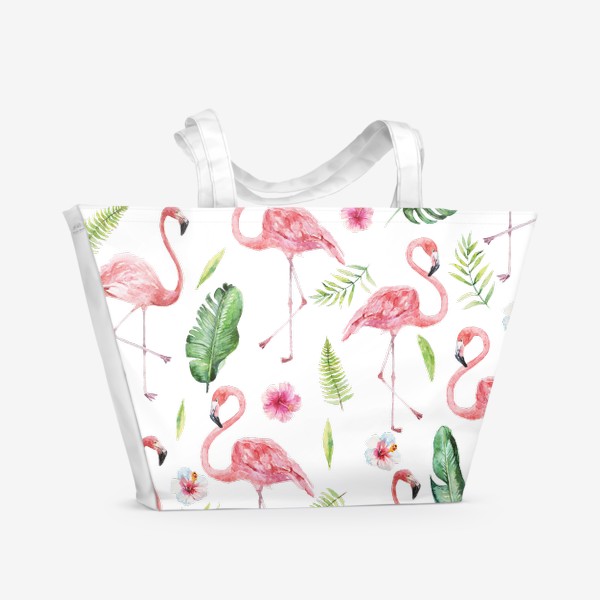 Пляжная сумка «Тропический принт розовый фламинго и пальмовые листья»