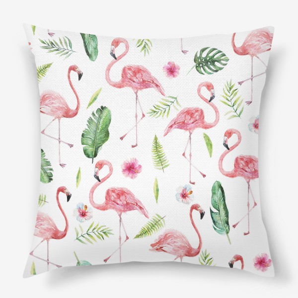 Подушка «Тропический принт розовый фламинго и пальмовые листья»