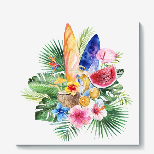 Холст «Тропическая композиция цветы и пальмовые листья»