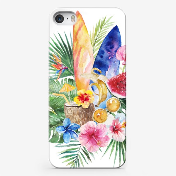 Чехол iPhone «Тропическая композиция цветы и пальмовые листья»