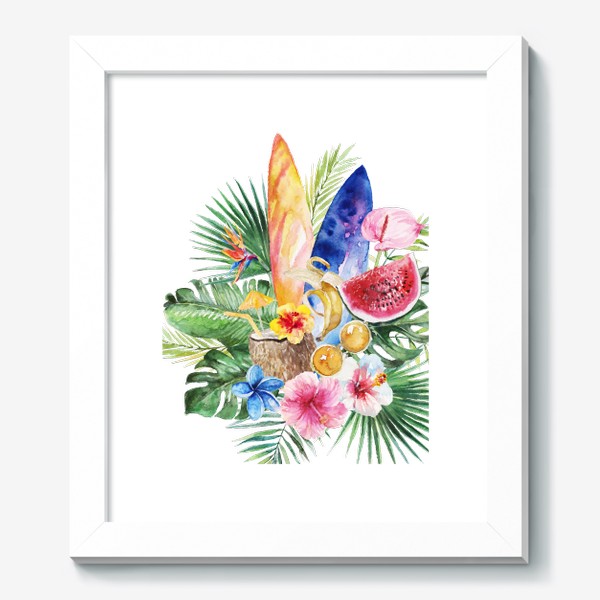 Картина «Тропическая композиция цветы и пальмовые листья»