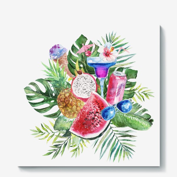 Холст &laquo;Тропическая композиция цветы и пальмовые листья&raquo;