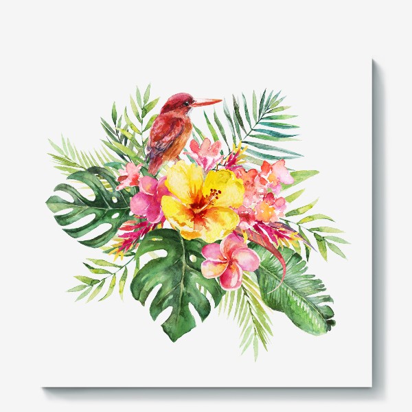 Холст «Тропическая композиция цветы и пальмовые листья»