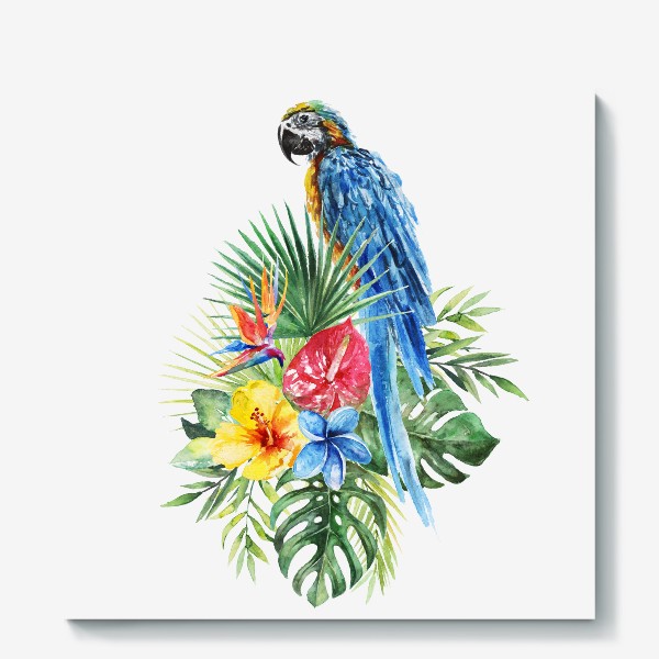 Холст «Тропическая композиция цветы, пальмовые листья и попугай»