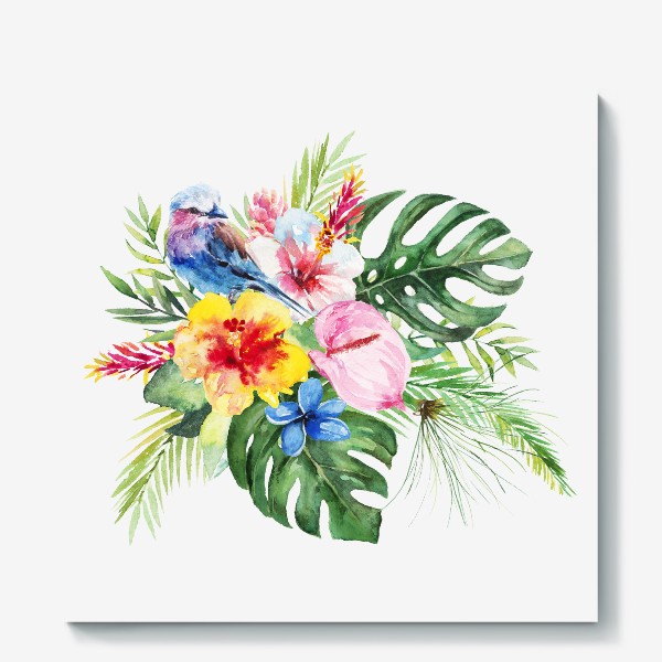 Холст «Тропическая композиция цветы, пальмовые листья и птица»