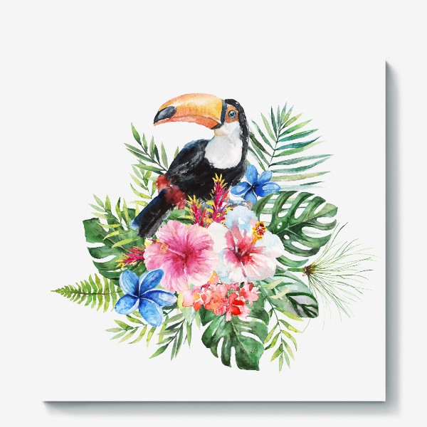 Холст «Тропическая композиция цветы, пальмовые листья и тукан»