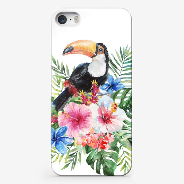 Чехол iPhone «Тропическая композиция цветы, пальмовые листья и тукан»