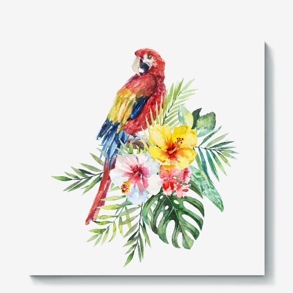 Холст «Тропическая композиция цветы, пальмовые листья и попугай Ара»