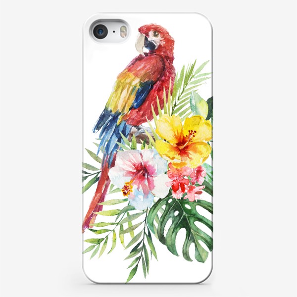 Чехол iPhone «Тропическая композиция цветы, пальмовые листья и попугай Ара»