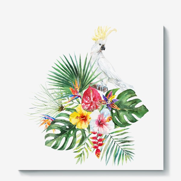 Холст &laquo;Тропическая композиция цветы, пальмовые листья и попугай&raquo;