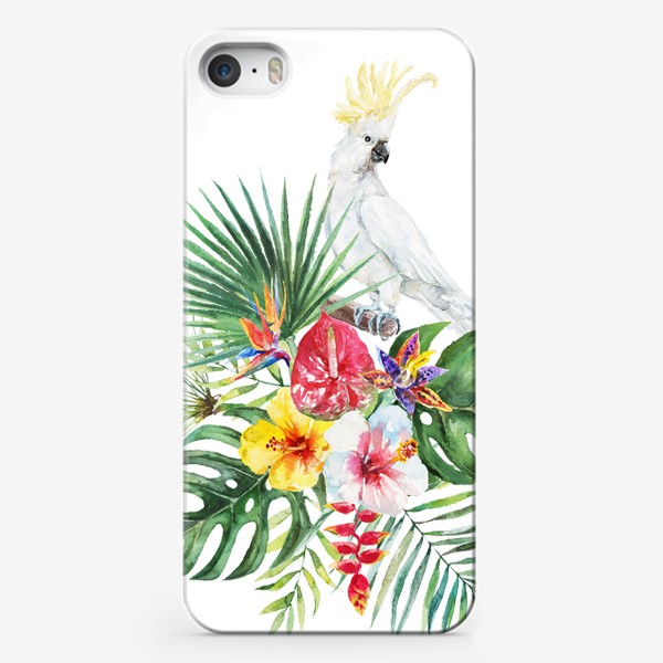 Чехол iPhone «Тропическая композиция цветы, пальмовые листья и попугай»