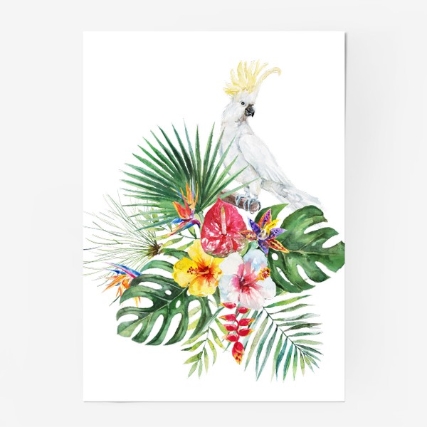 Постер «Тропическая композиция цветы, пальмовые листья и попугай»