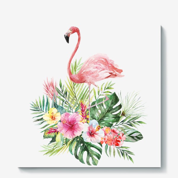 Холст «Тропическая композиция цветы, пальмовые листья и розовый фламинго»