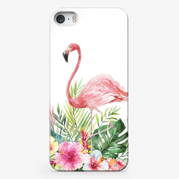 Чехол iPhone «Тропическая композиция цветы, пальмовые листья и розовый фламинго»