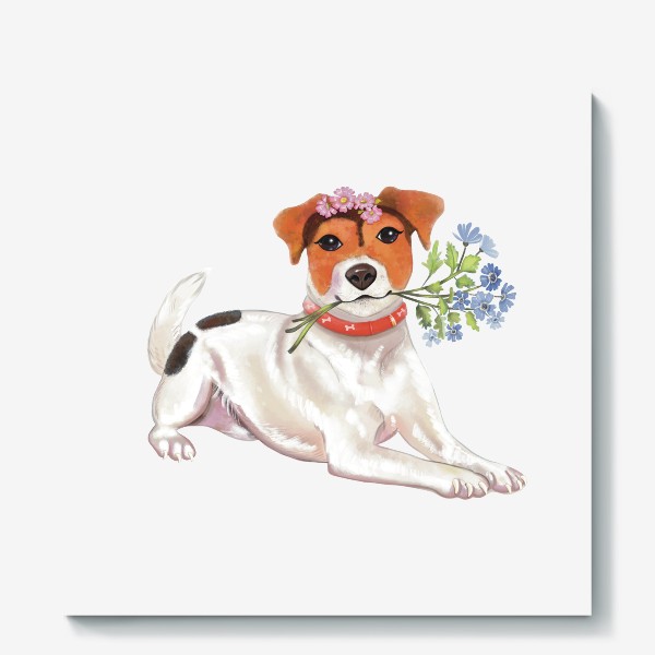 Холст «Джек Рассл Терьер. Собака и цветы. Милый принт.»