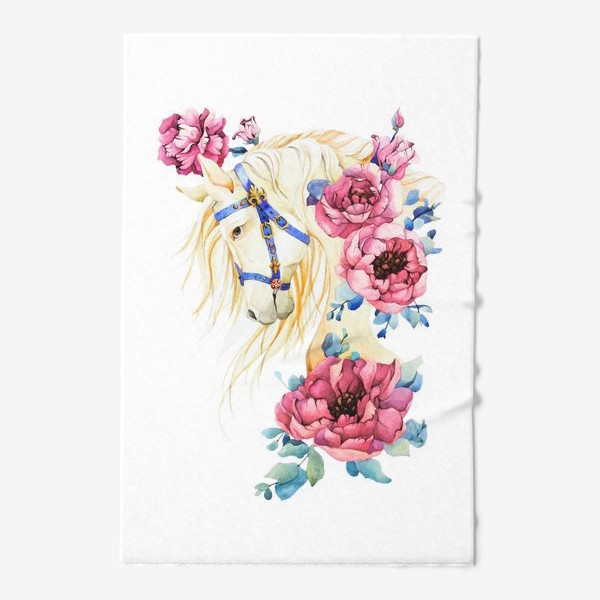 Полотенце «Портрет белой лошади с синей сбруей и розовыми пионами»