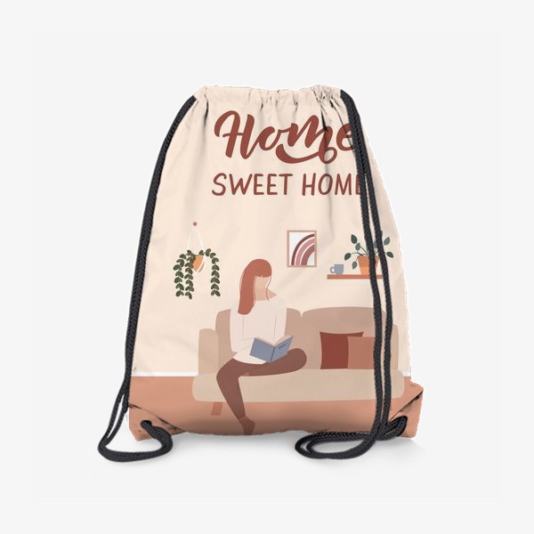Рюкзак «Девушка на диване с книгой, комнатные растения, Home sweet home, леттеринг»