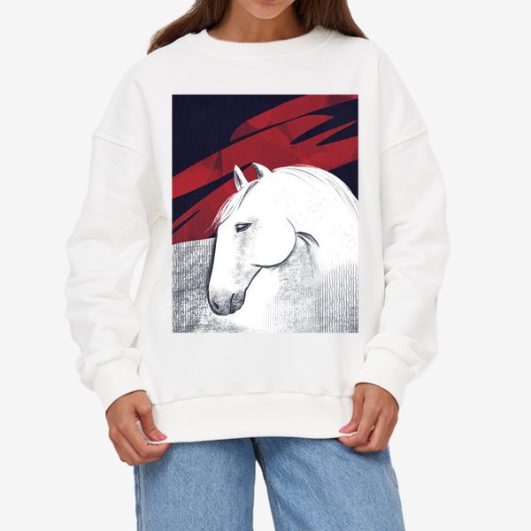 Свитшот «Белая лошадь на черном и красном фоне.  Текстуры и абстракция.»