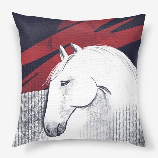 Подушка «Белая лошадь на черном и красном фоне.  Текстуры и абстракция.»