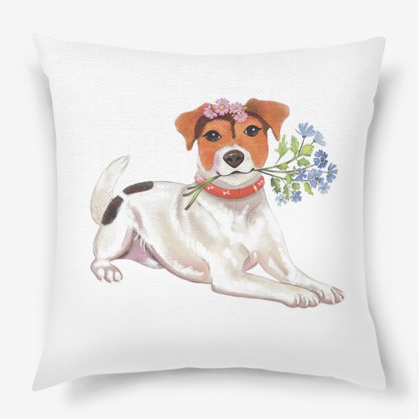 Подушка «Джек Рассл Терьер. Собака и цветы. Милый принт.»