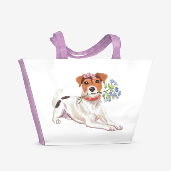 Пляжная сумка «Джек Рассл Терьер. Собака и цветы. Милый принт.»