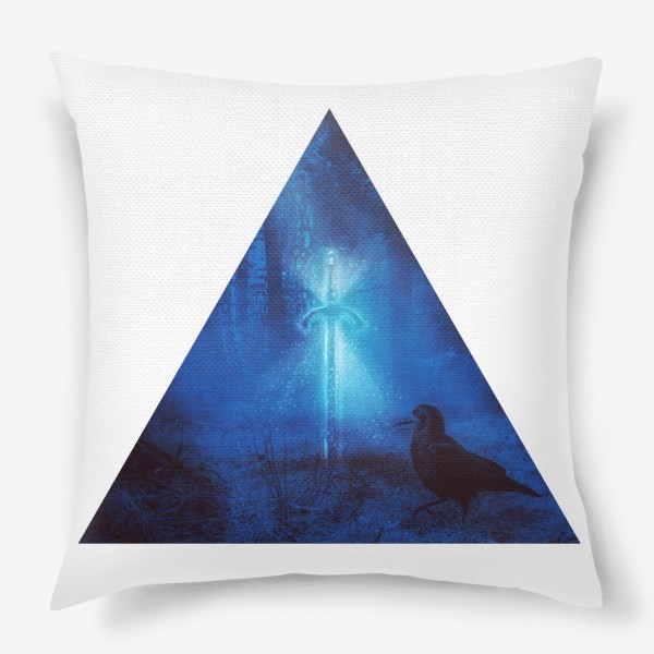 Подушка «Светящийся синим меч в ночном лесу и ворон»