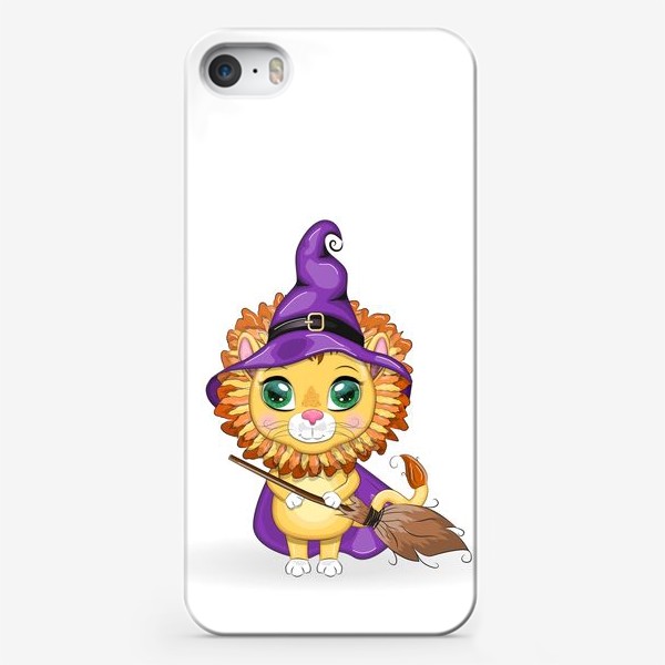 Чехол iPhone «Лев-волшебник в остроконечной шляпе и фиолетовом плаще с метлой. Знак зодиака Лев. Волшебник изумрудного города.»