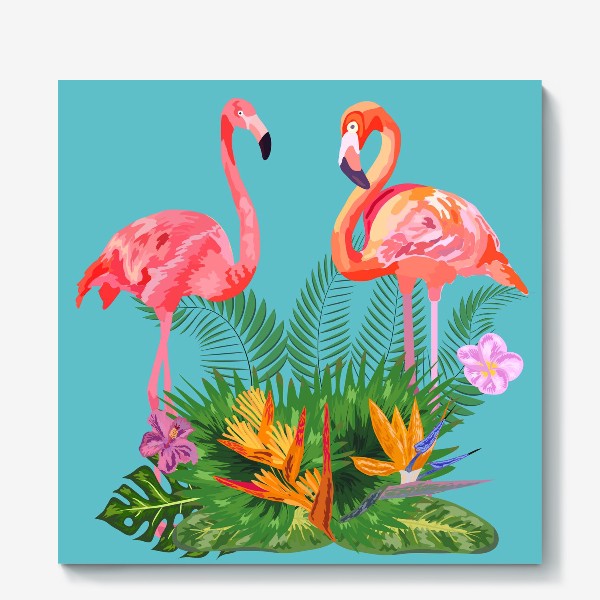 Холст «Розовые фламинго с тропическими цветами»