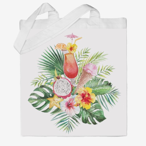 Сумка хб «Тропическая композиция цветы и пальмовые листья»