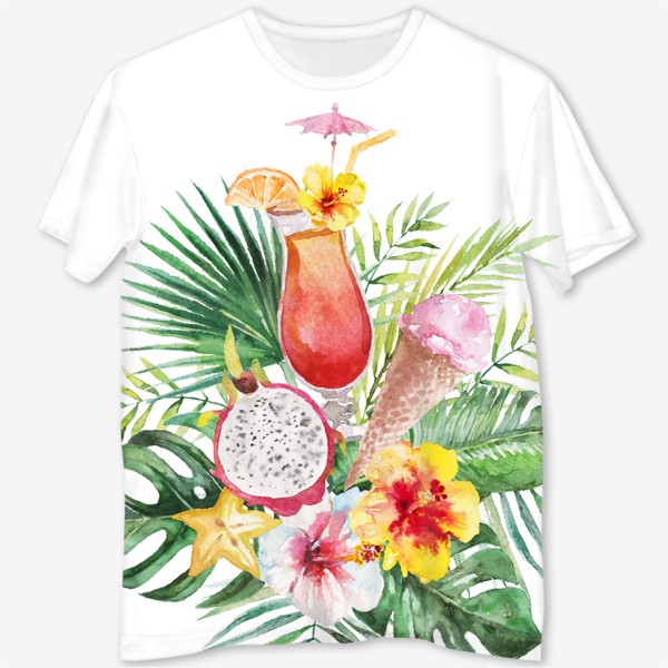 Футболка с полной запечаткой «Тропическая композиция цветы и пальмовые листья»