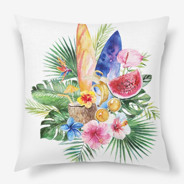 Подушка «Тропическая композиция цветы и пальмовые листья»