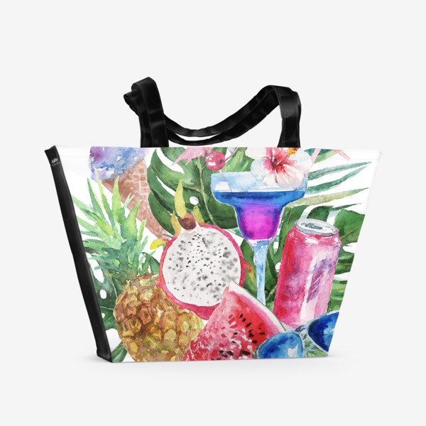 Пляжная сумка «Тропическая композиция цветы и пальмовые листья»