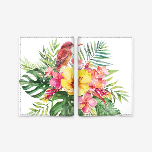 Обложка для паспорта «Тропическая композиция цветы и пальмовые листья»